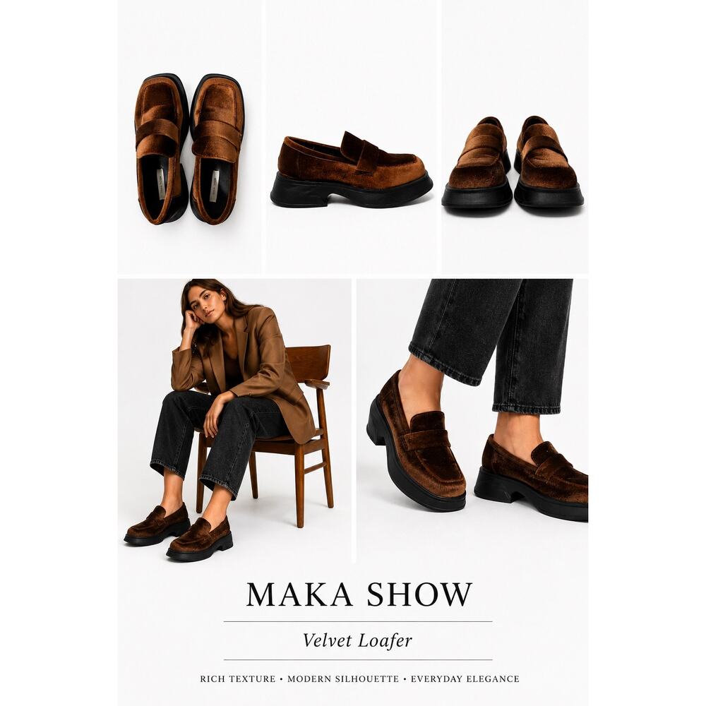 Maka Show Chunky Heel Platform Loafer Women’s Sz 40(9-9.5) Brown Velvet  Fabric
